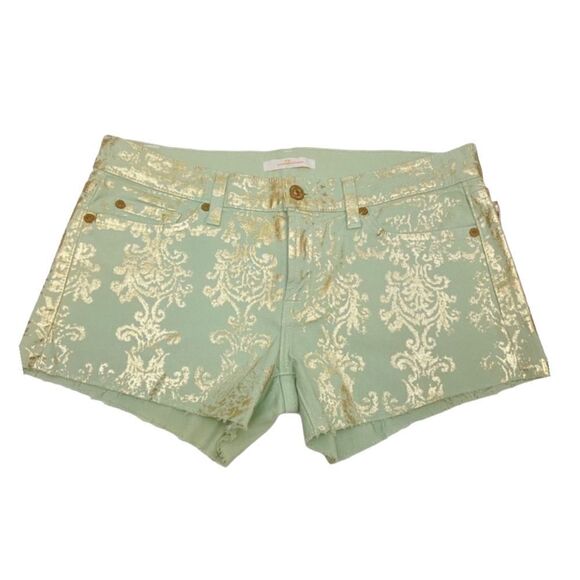 7 For All Mankind Pants - 7 For All Mankind  Mint Brocade Gold Foil Denim Shorts